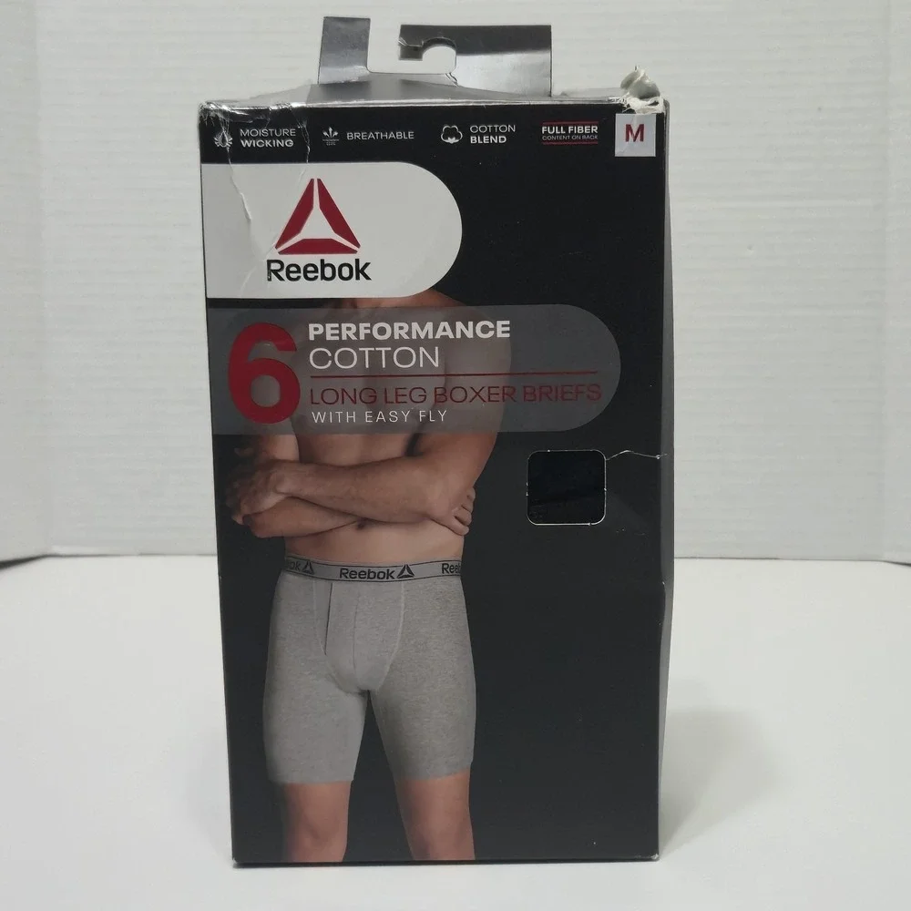 Reebok Performance Cotton Long Leg Boxer Briefs w/Easy Fly Black Medium NEW